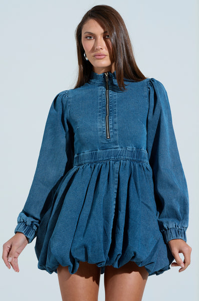 american eagle denim bubble dress PASS THE BUBBLY MINI – AKIRA Christmas outfit washed denim with a Silk Satin Colors:Blue 785 Vintamour Women's Elegant Dusty Denim midi dress