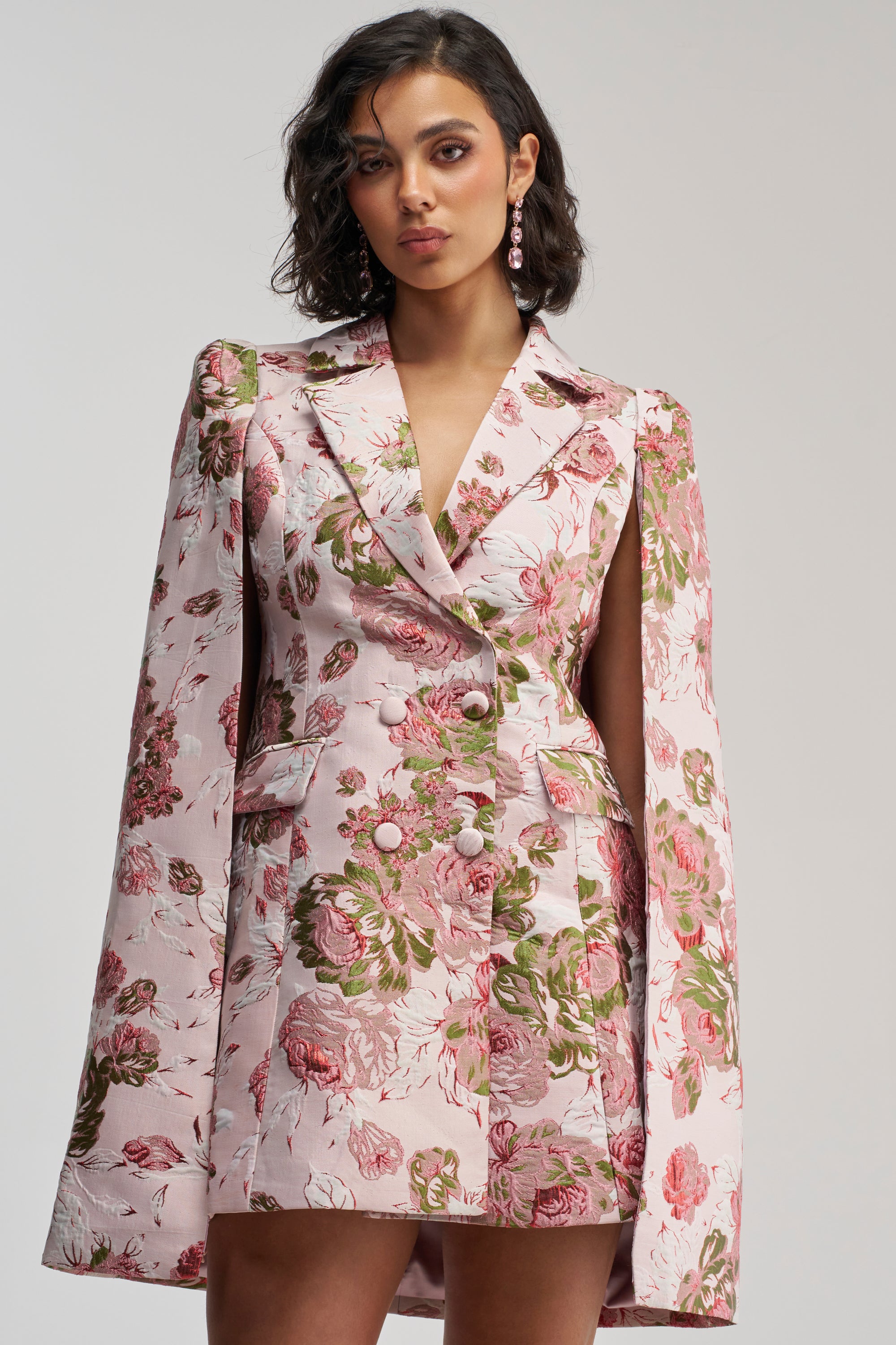 elegant blazer dress AKIRA Imani Brocade Cape Sleeve | Pink Floor Length Designer Anarkali comfy_dress Its structured design makes color:ecru