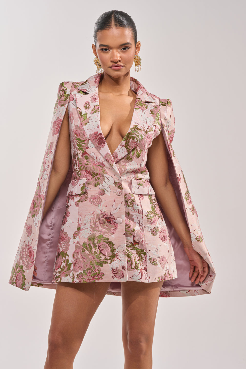Imani Brocade Cape Sleeve Blazer Dress in Pink