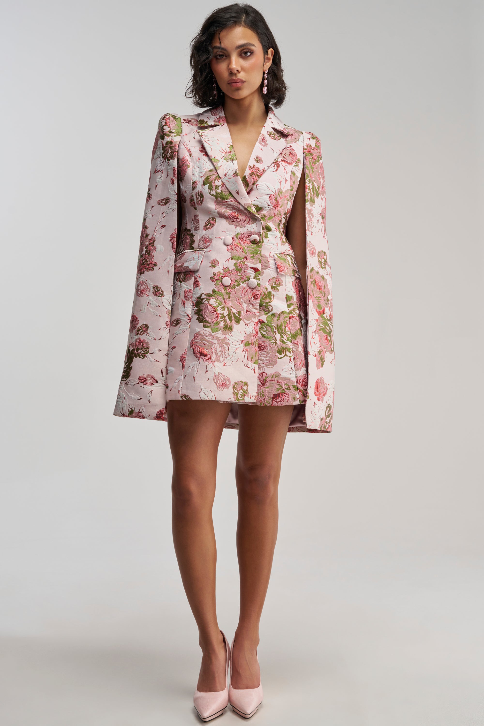 blazer mini dress AKIRA Imani Brocade Cape Sleeve | Pink Celestial 3519 Windsor Jane Cowl Neck 33 3/4 Bust Name/Description:Lexi Rose Deposit - Custom Lilac w 3D Florals