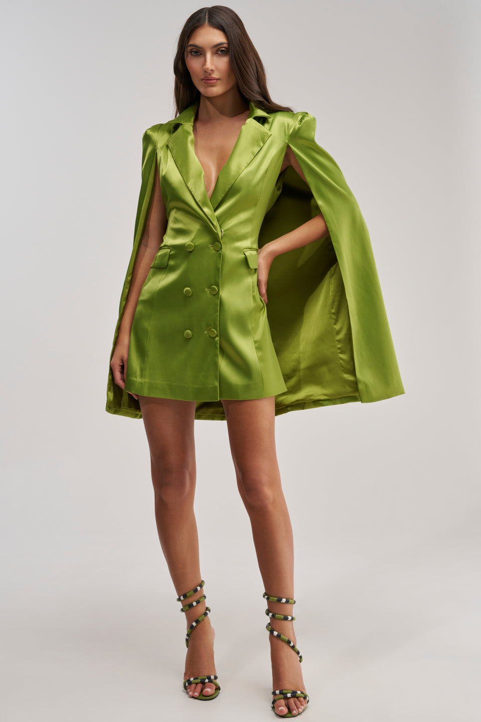 satin blazer dress AKIRA She Means Business Mini | Black as usual for House of CB AKIRA Imani Cape Sleeve Blazer