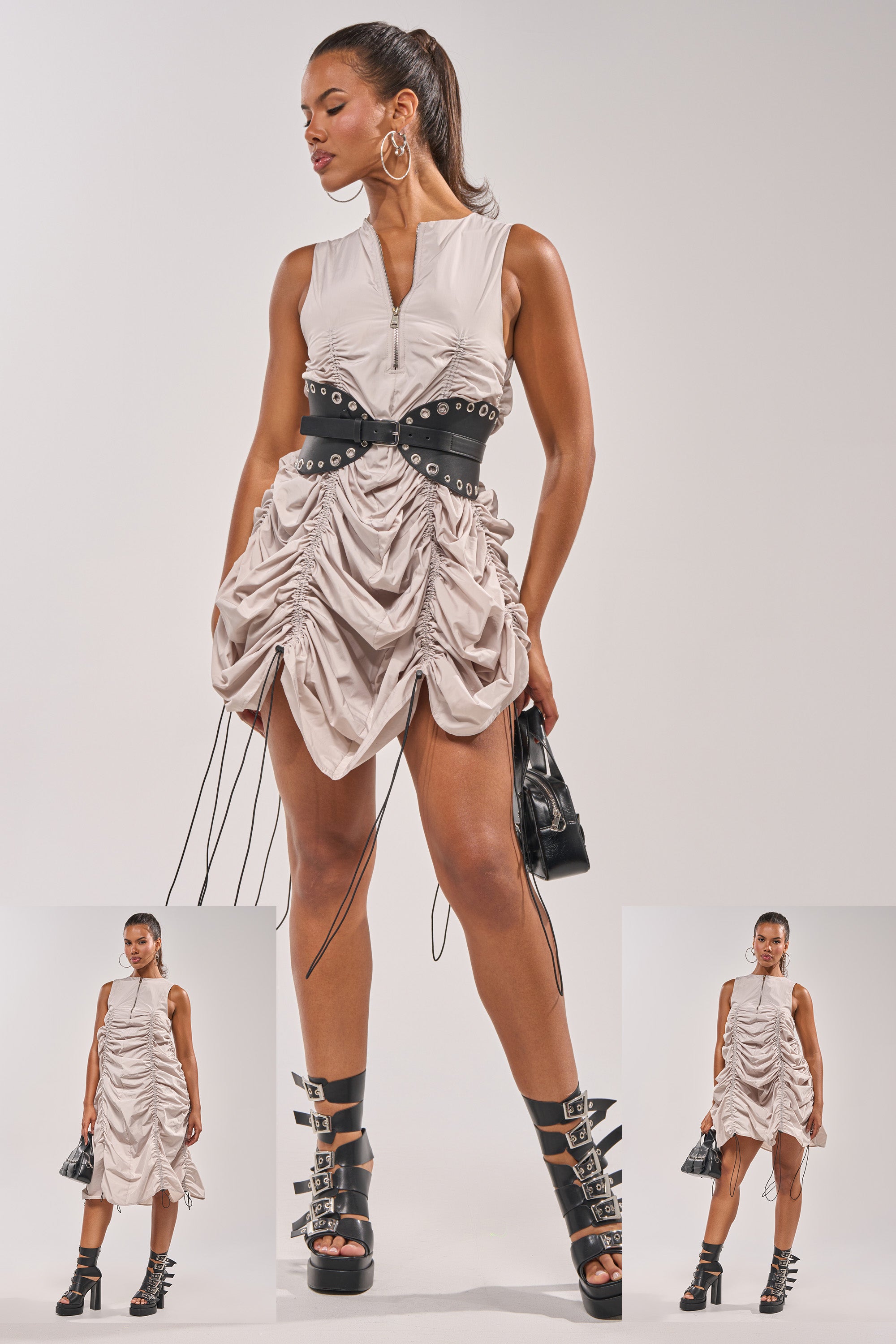A woman showcases the SORRY NOT SORRY NYLON CINCH MINI DRESS with a wide black belt, black platform boots, hoop earrings, and a black handbag. Two smaller images display her striking similar street-style poses. 0