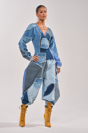 COMFY COZY JUMPSUIT IN DENIM PATCHWORK – AKIRA