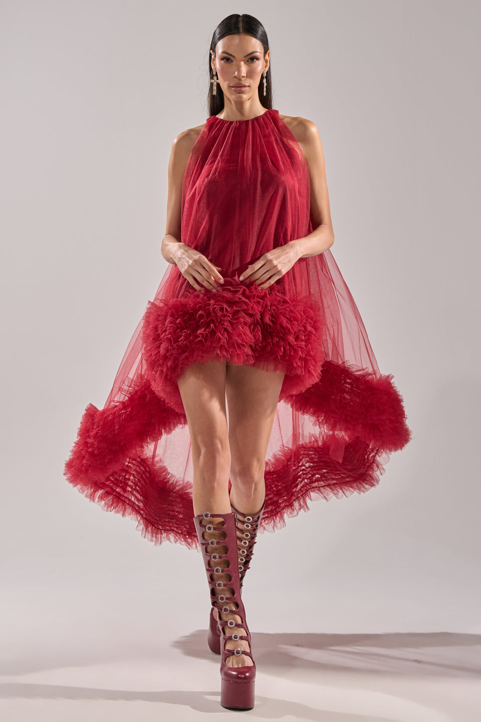 red high low tulle dress High Low Tulle Prom Dresses Long Ball Gown For Women
