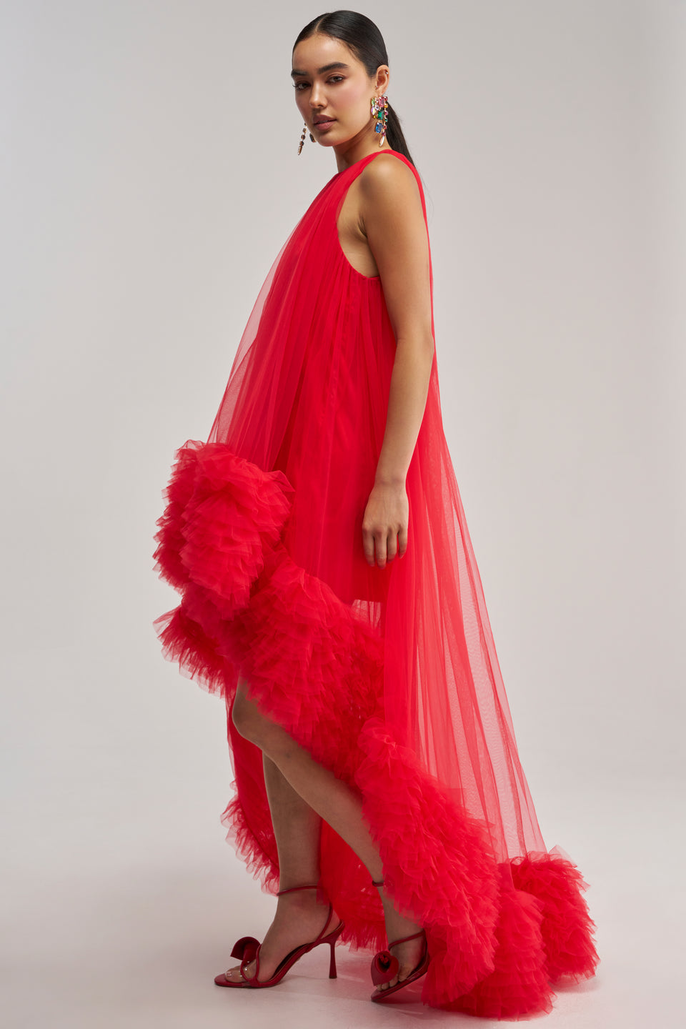 AKIRA Ari Tulle Ruffle High Low Mini Dress | Red