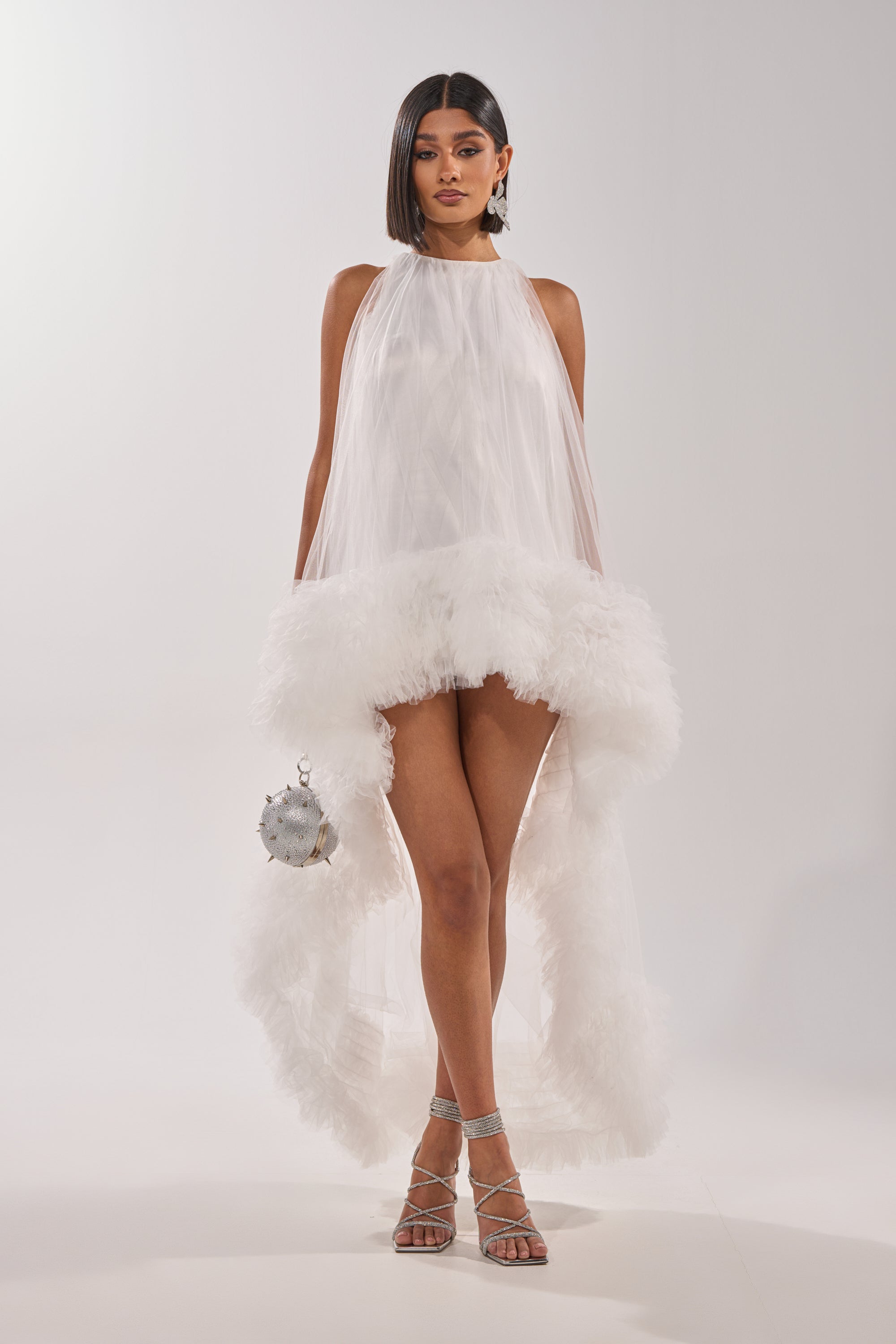 AKIRA Ari Tulle Ruffle High Low Mini Dress | White