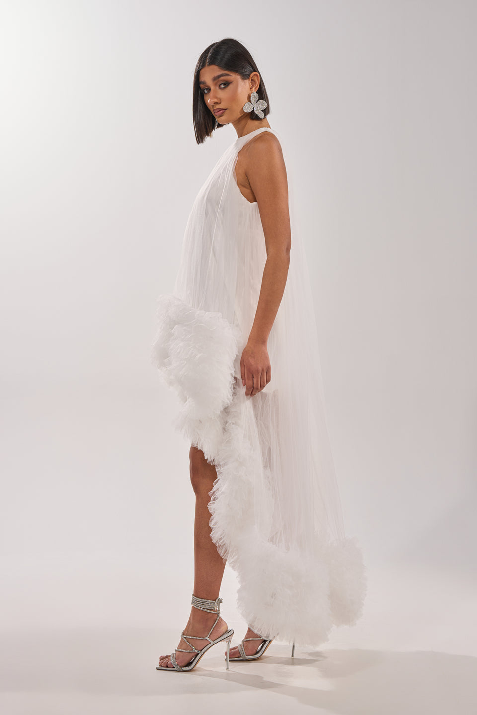 long white ruffle dress ARI TULLE RUFFLE HIGH LOW MINI DRESS IN WHITE – AKIRA