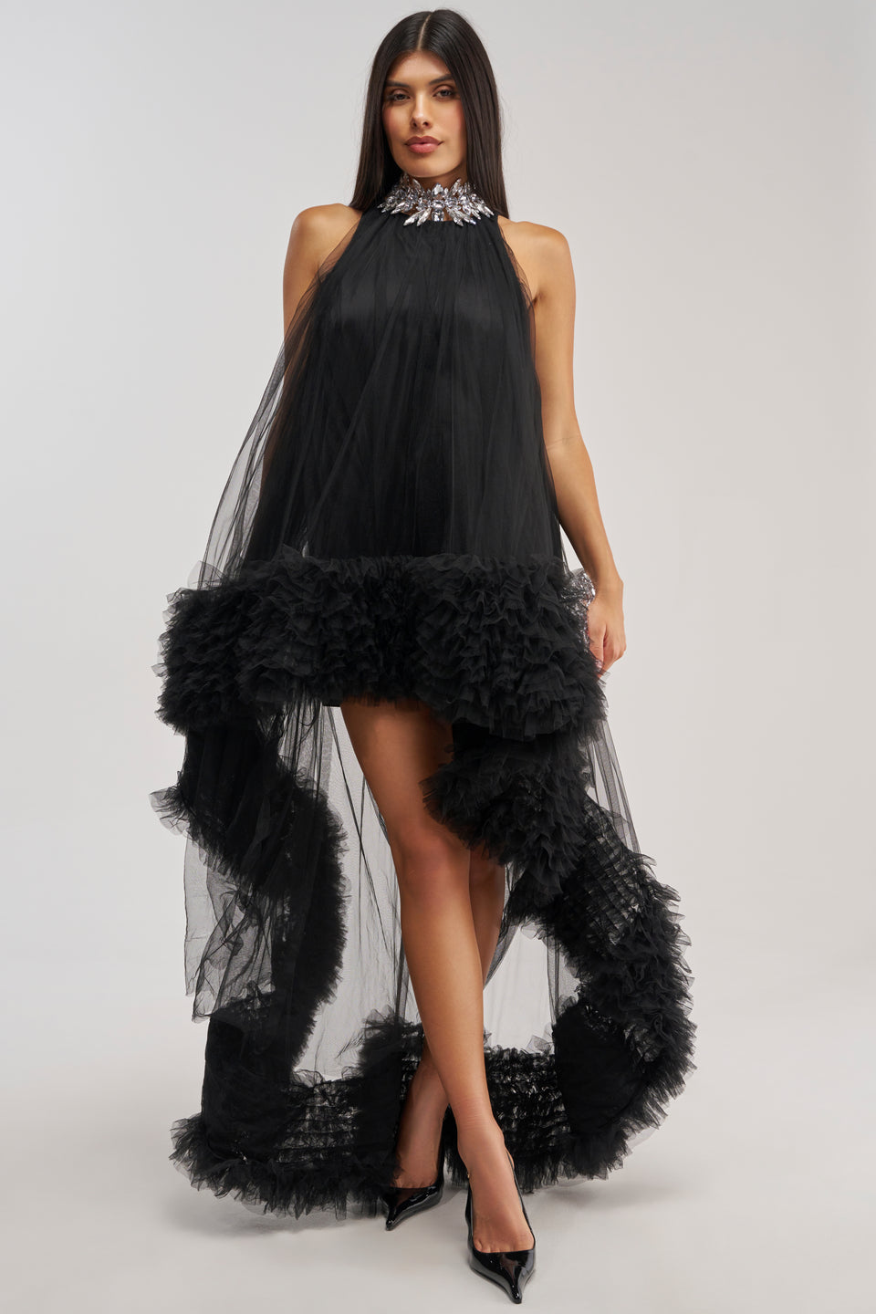 AKIRA Ari Tulle Ruffle High Low Dress | Black