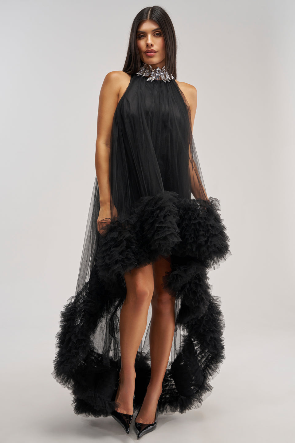 AKIRA Ari Tulle Ruffle High Low Dress | Black