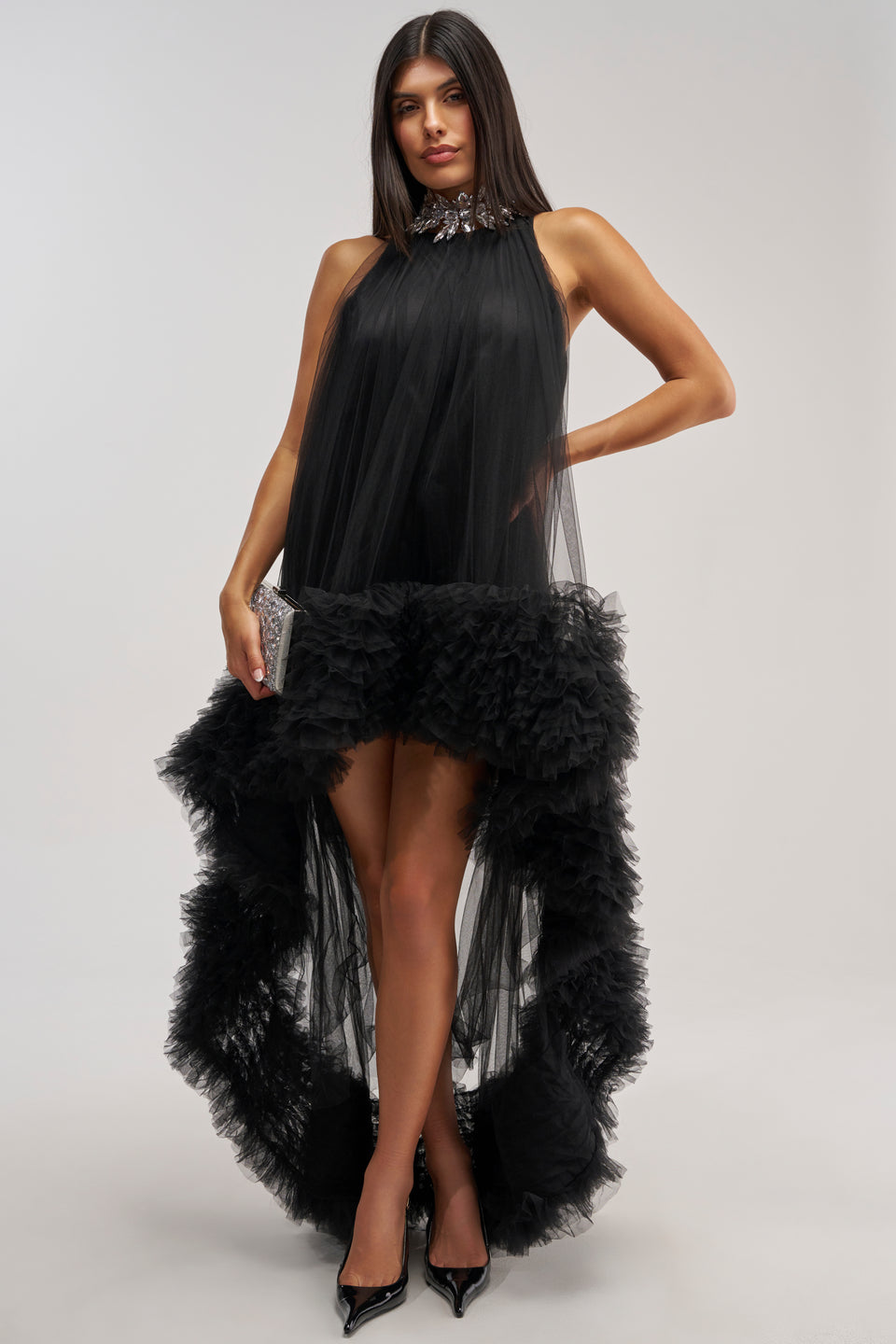 AKIRA Ari Tulle Ruffle High Low Dress | Black