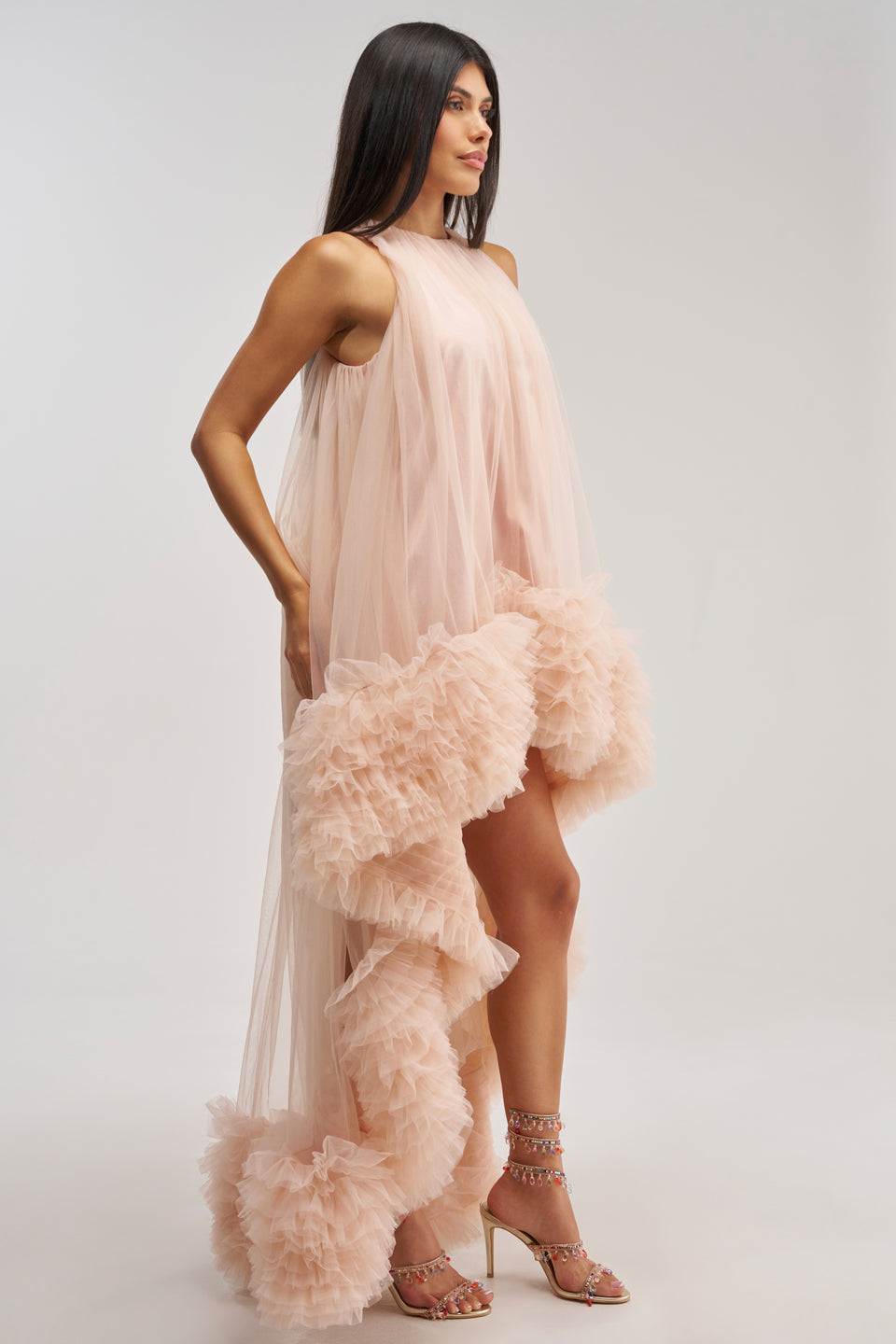 AKIRA Ari Tulle Ruffle High Low Mini Dress In Blush