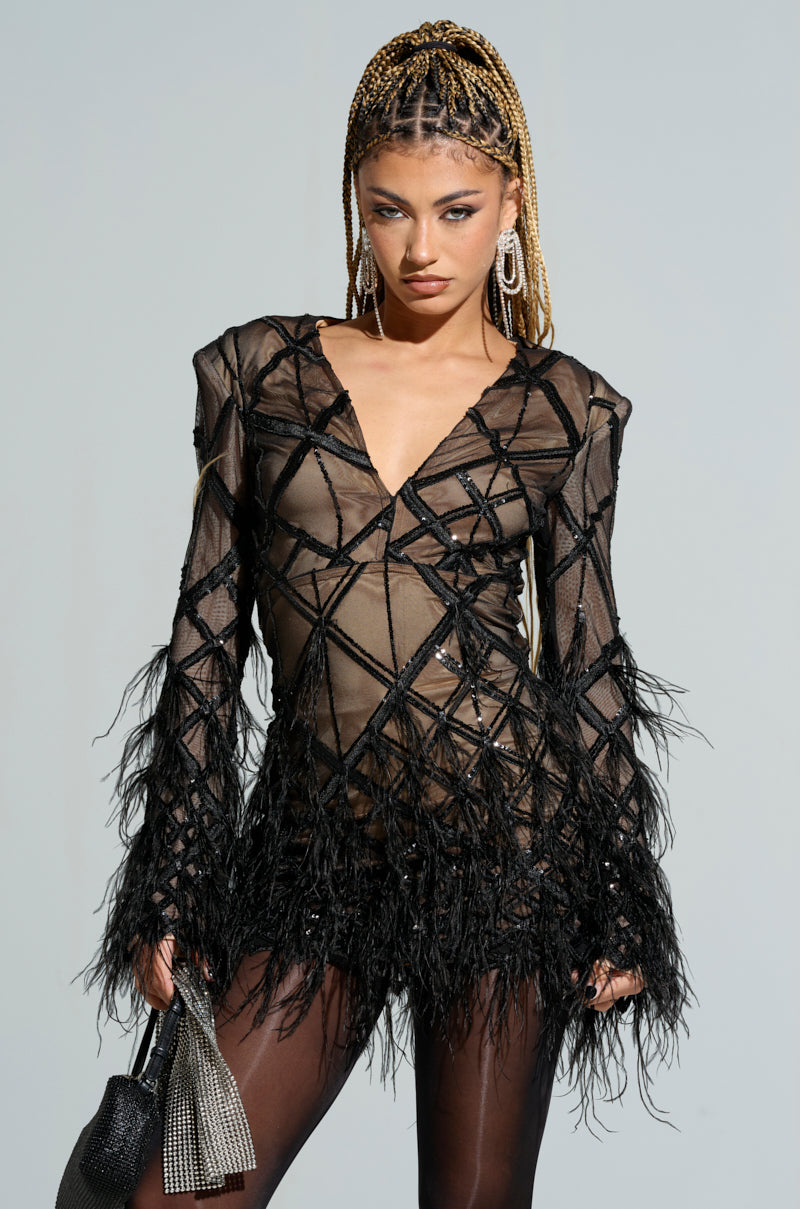 A woman poses confidently in the SHOW ME A GOOD TIME MESH MINI DRESS, which features geometric patterns, sequin trim, and feathered fringes. She accessorizes with a textured handbag, braided hair, and statement earrings, showcasing a bold and modern style.