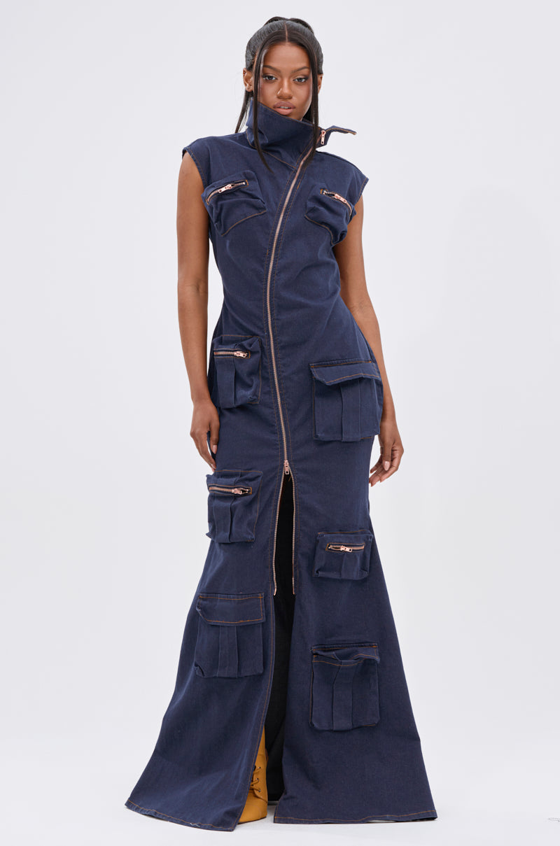 AKIRA Dont Mess With Me Collared Denim Maxi Dress