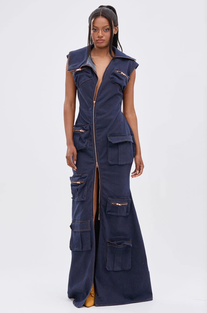 long straight denim dress Womens Denim Maxi Shirtdress Wash Lab Malibu Blue / M