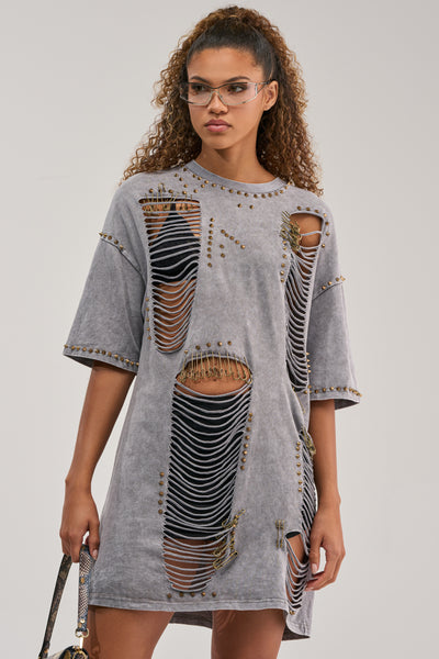 distressed t shirt dress AKIRA Margot Studded Short Sleeve T-Shirt In Grey | Black Choose Your Fabric Type:Cotton Quilt Weight 42” 4 oz 100% John - Burgundy shirt Small Bust col-outfit-sale-4250
