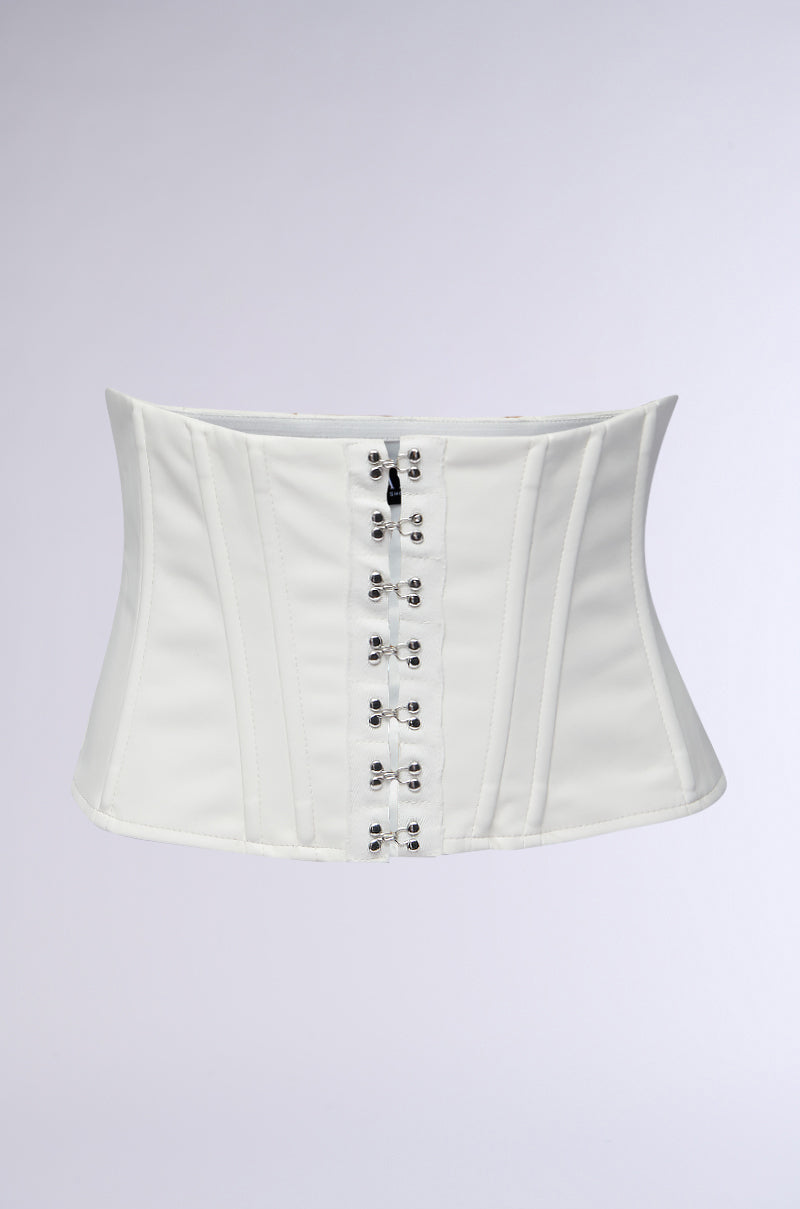 The plain background highlights the CINCHED UP PU BELT, featuring structured boning and front hook closures.