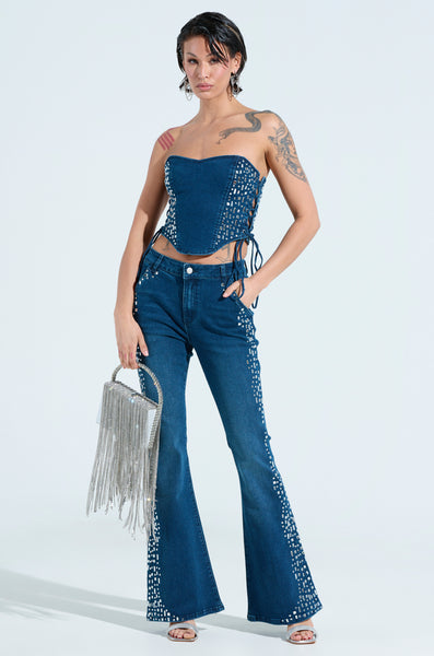 ROCKSTAR DENIM RHINESTONE FLARED PANT – AKIRA