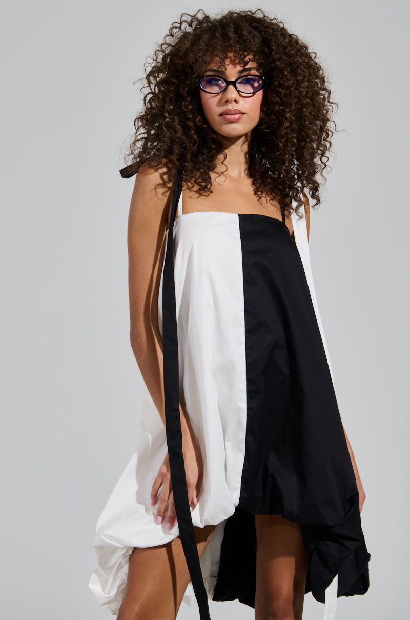 CUTIE GIRL POPLIN MINI BLACK AND WHITE DRESS WITH BOW