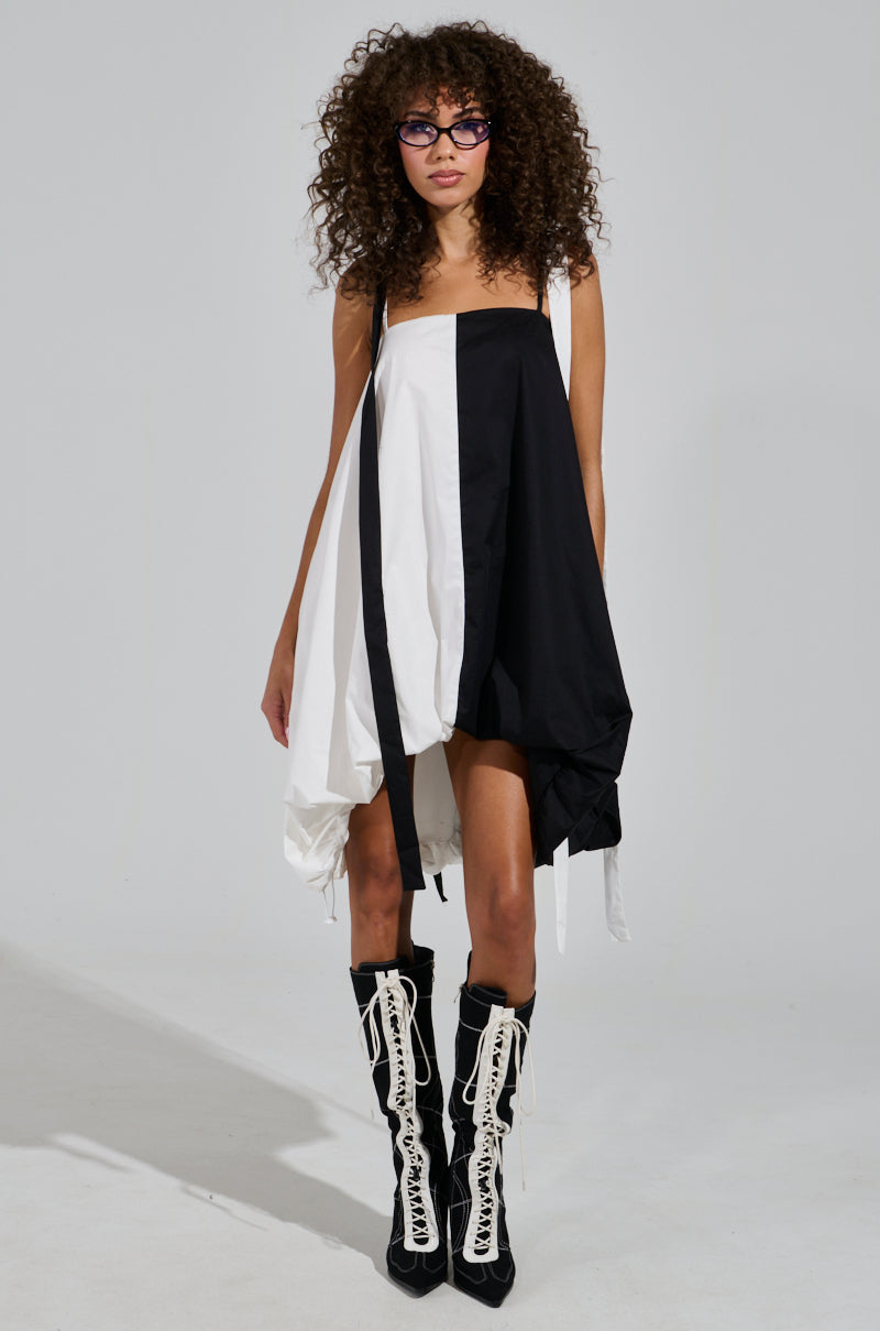 CUTIE GIRL POPLIN MINI BLACK AND WHITE DRESS WITH BOW