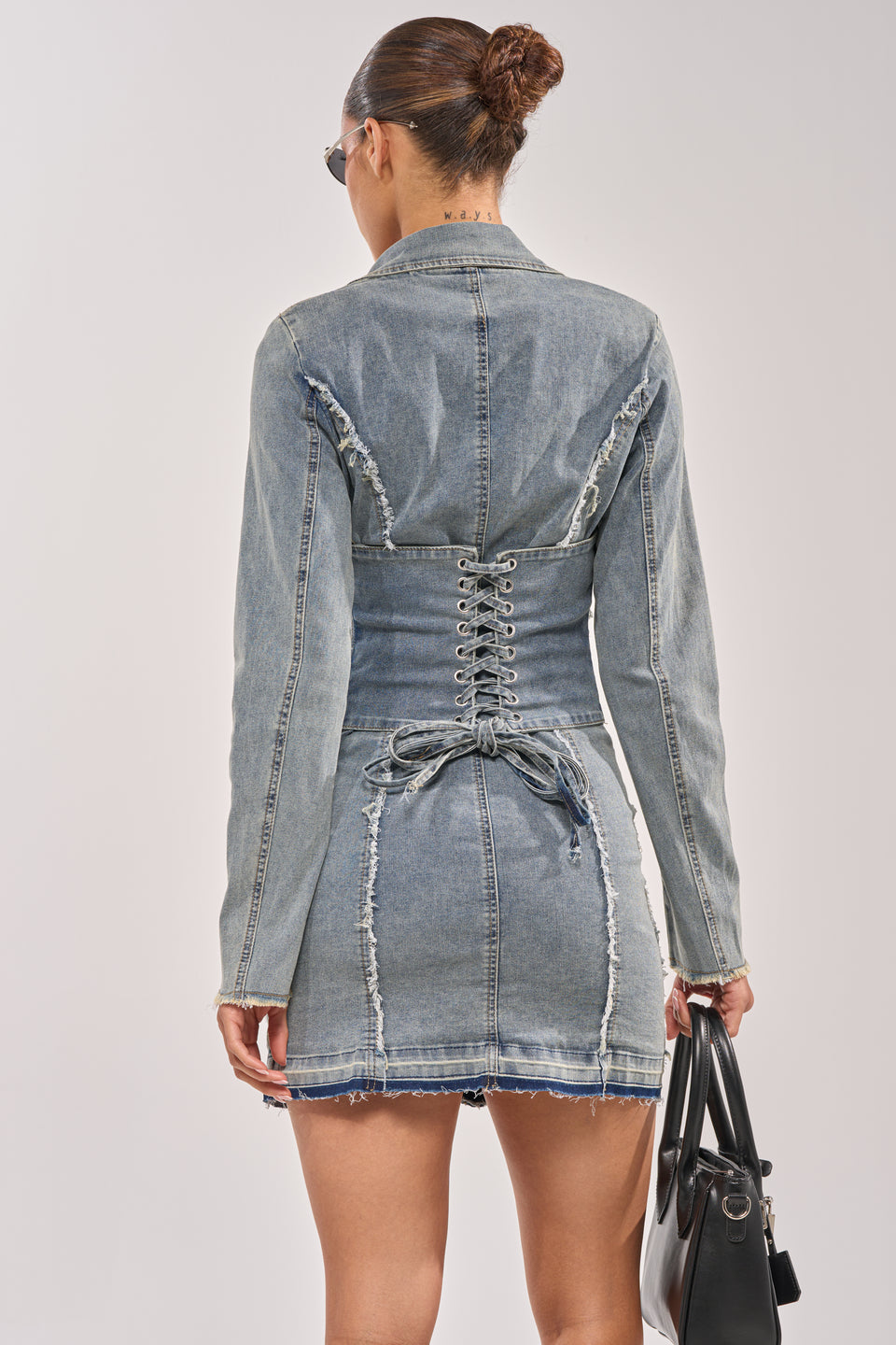 denim patchwork long sleeve blazer suit mini dress white christmas dresses IT'S BRITNEY PATCHWORK DENIM MAXI DRESS AKIRA