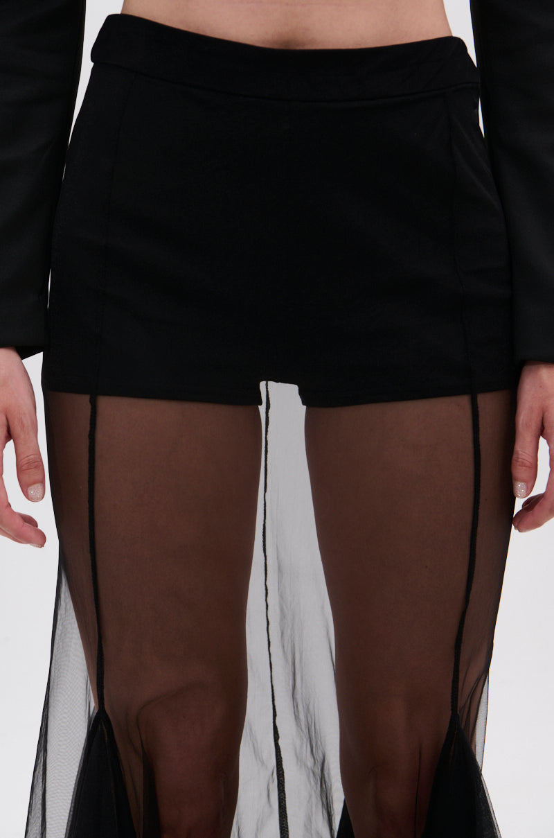 A person wears the CHLOE MESH FLARE MAXI SKIRT, featuring sheer pleated mesh panels that create a layered effect. The image, cropped to the lower torso and upper legs, highlights the skirt’s High-Rise Waist design.