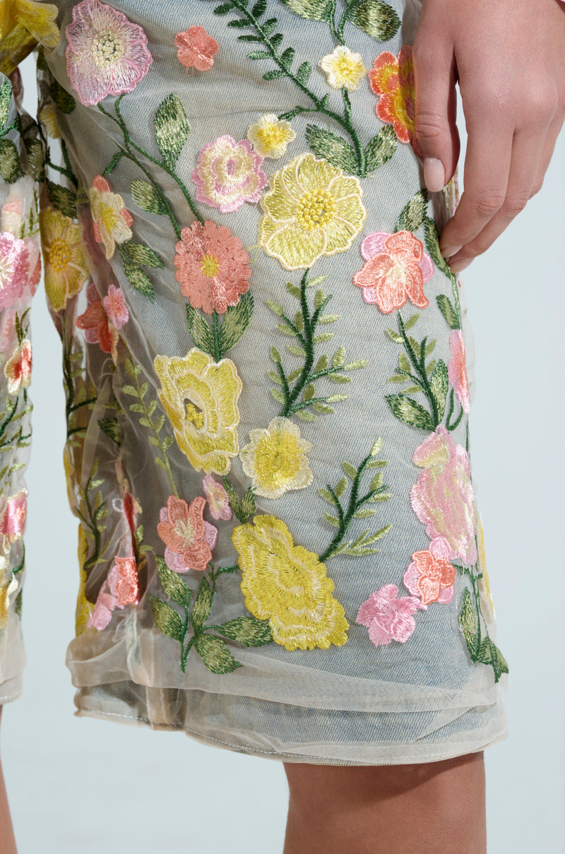 A close-up showcases a person's lower half in GARDEN PARTY STRETCH DENIM WITH FLORAL TULLE BERMUDA SHORTS, featuring sheer tulle adorned with colorful yellow, pink, and green embroidery. Their hand rests gently on the fabric, highlighting the intricate floral designs.