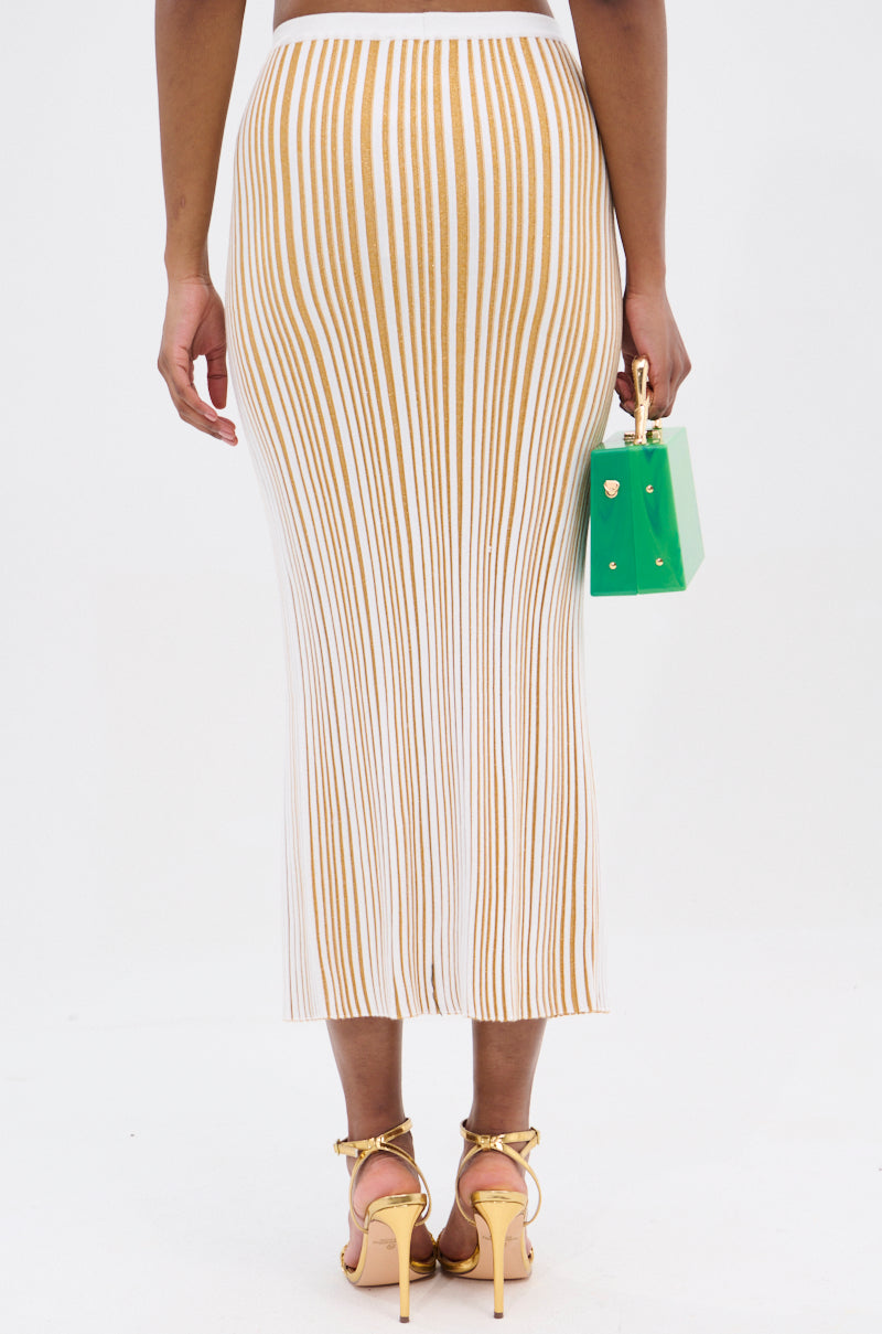 The rear view features an elegant AKIRA Label LIFE IS GOOD Maxi Skirt with brown vertical stripes, complemented by gold high-heeled sandals and a small green handbag, creating a striking contrast against the plain white background.
