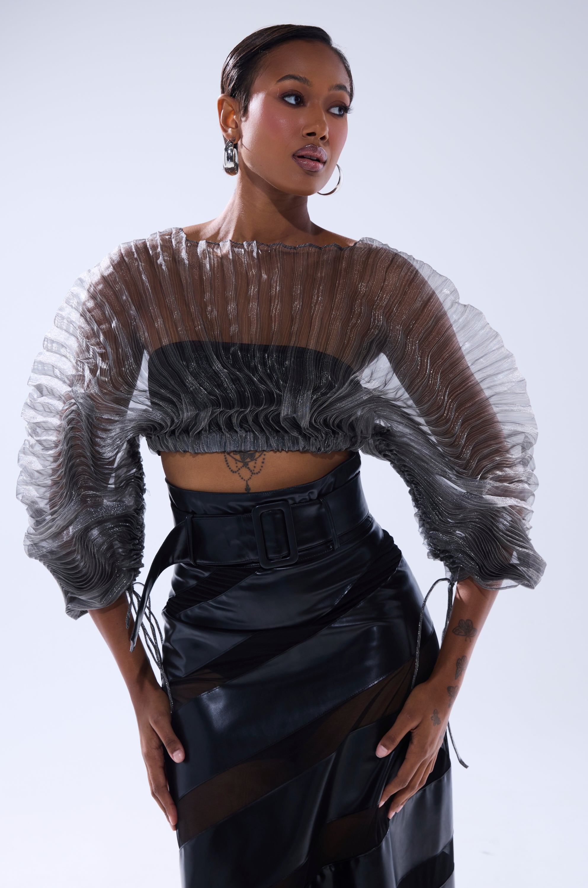 SHEER PLEATED CROP TOP IN GREY – AKIRA