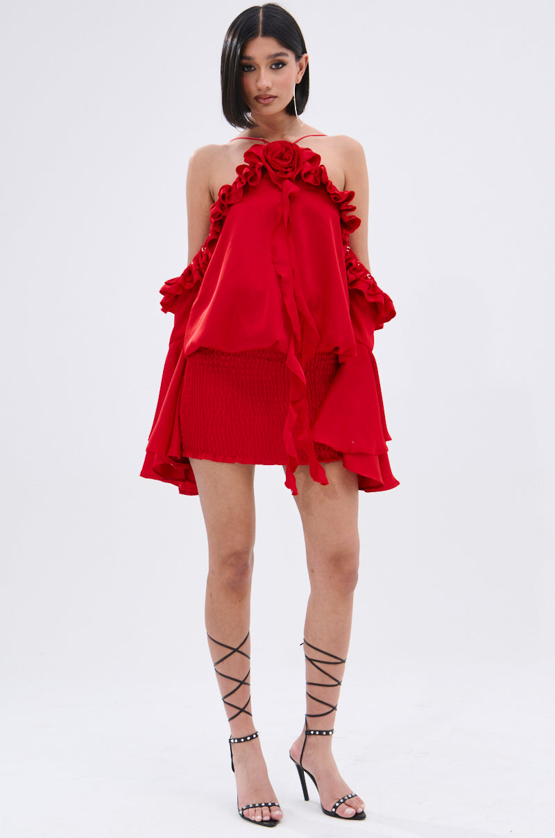 CHIC AF RUFFLE MINI DRESS IN RED AKIRA CHIC AF RUFFLE MINI DRESS IN RED AKIRA