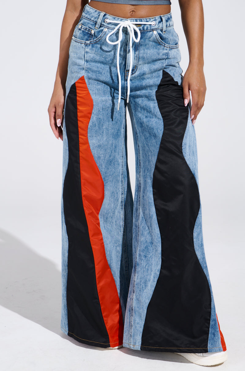 DARK FOG★Vintage pleated plaid patchwork wide-leg jeansDF41 HIGH WAIST WIDE LEG FLOCKED JEANS ZW COLLECTION - Black