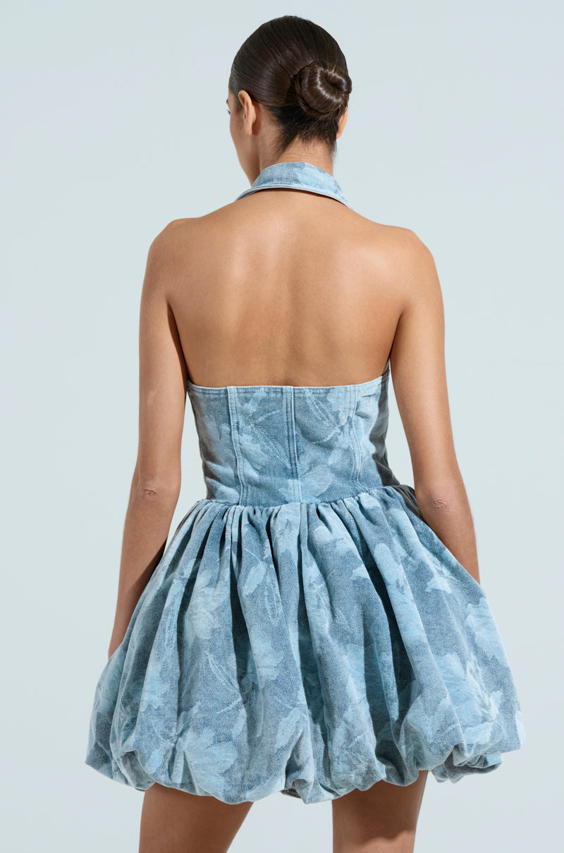 ae floral denim mini shift dress DAISY PRINTED DENIM MINI DRESS – AKIRA