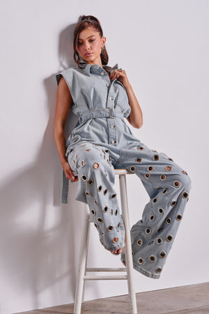 Cotton Denim Jumpsuit Wide Leg Grommet Detail | AKIRA