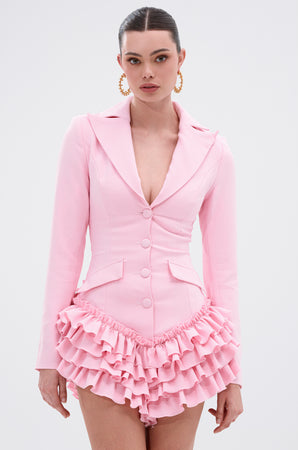 STRICTLY BUSINESS BLAZER ROMPER IN PINK – AKIRA