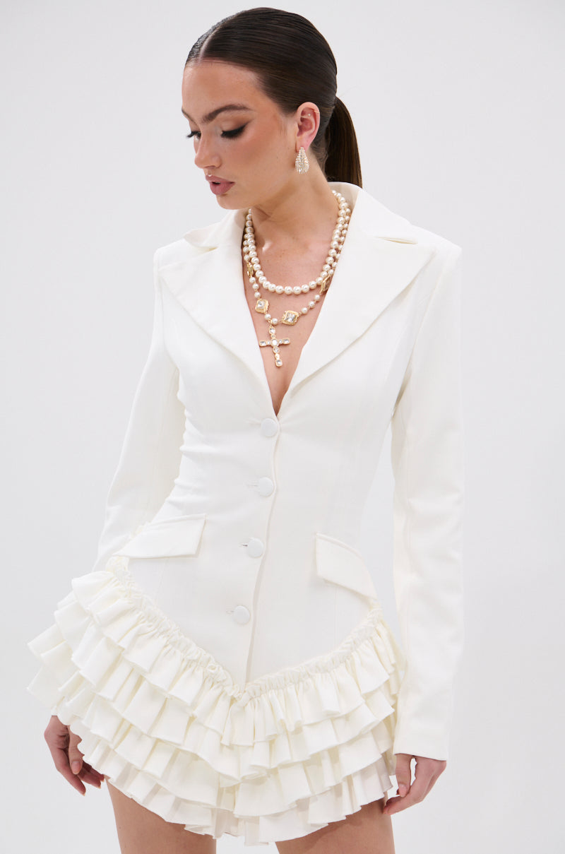STRICTLY BUSINESS BLAZER ROMPER IN WHITE – AKIRA