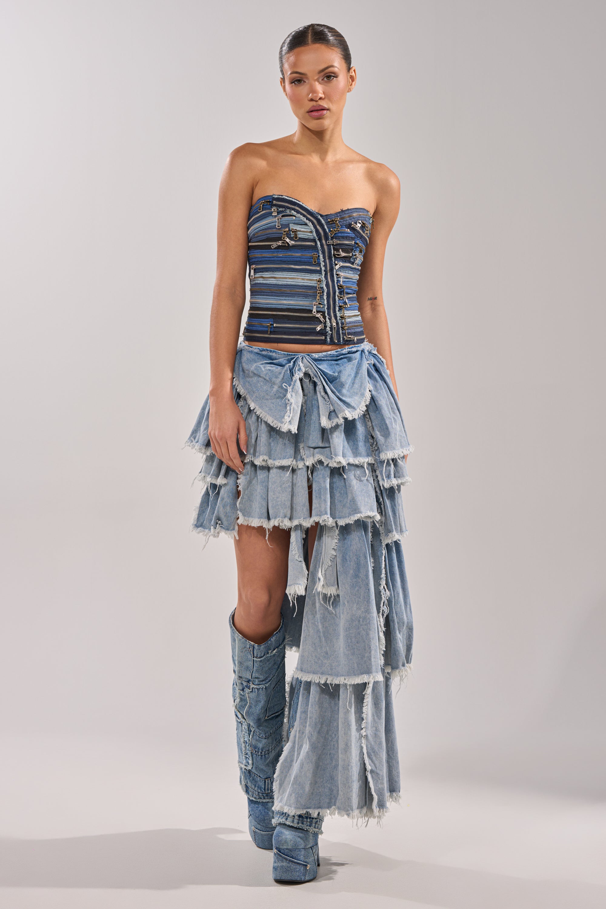 DISTRESSED TIERED ASYMMETRIC MIDI SKIRT – AKIRA