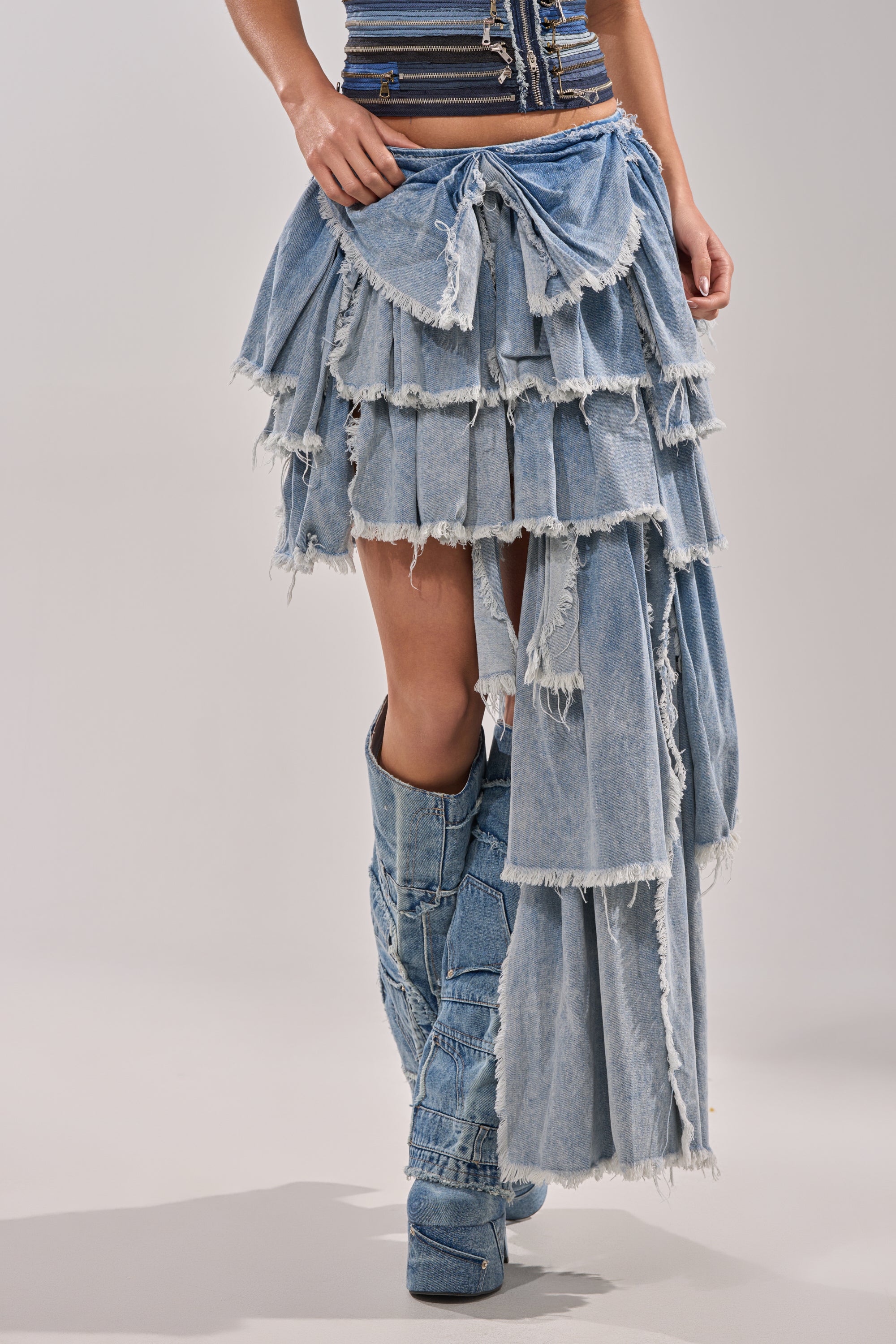 DISTRESSED TIERED ASYMMETRIC MIDI SKIRT – AKIRA