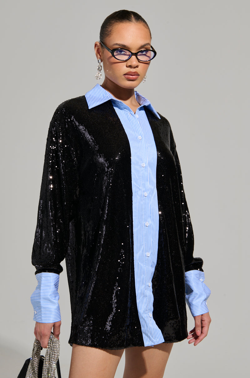 CYRUS SEQUIN POPLIN SHIRT DRESS – AKIRA