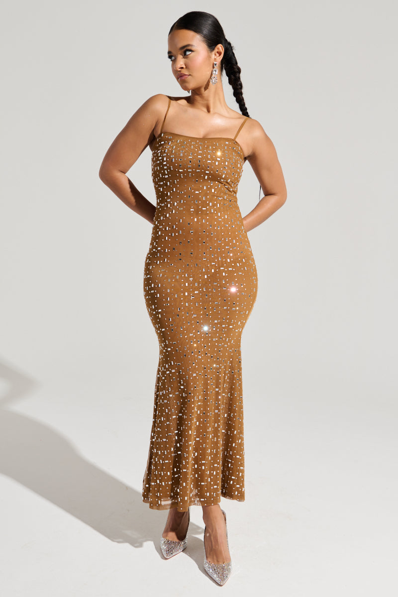 Wearing the ANASTASIA MESH RHINESTONE MAXI DRESS, a woman stands confidently against a plain background. Her long, dark hair is fashioned into a braid, and her ensemble is completed with shiny high heels. With her hands on her hips, she gazes off to the side with assurance.