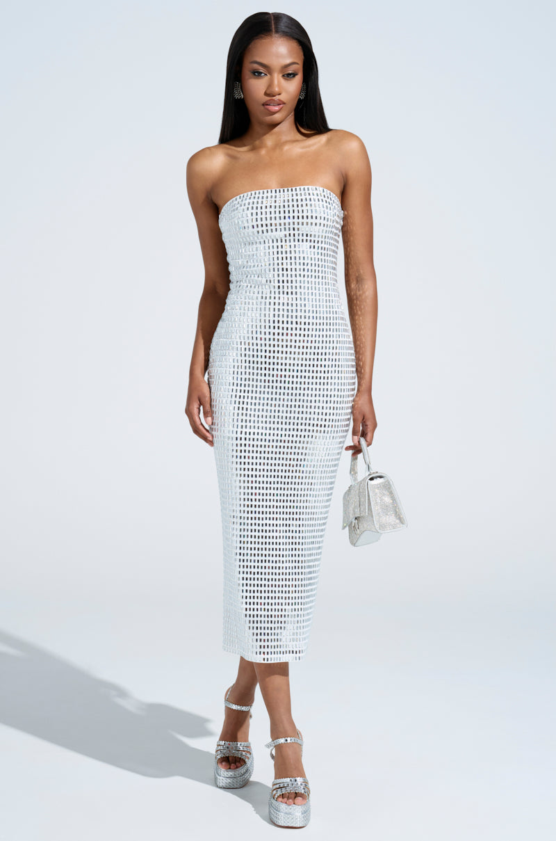CAN'T SHINE BRIGHTER THAN ME RHINESTONE MIDI DRESS IN WHITE CAN'T SHINE BRIGHTER THAN ME RHINESTONE MIDI DRESS IN WHITE