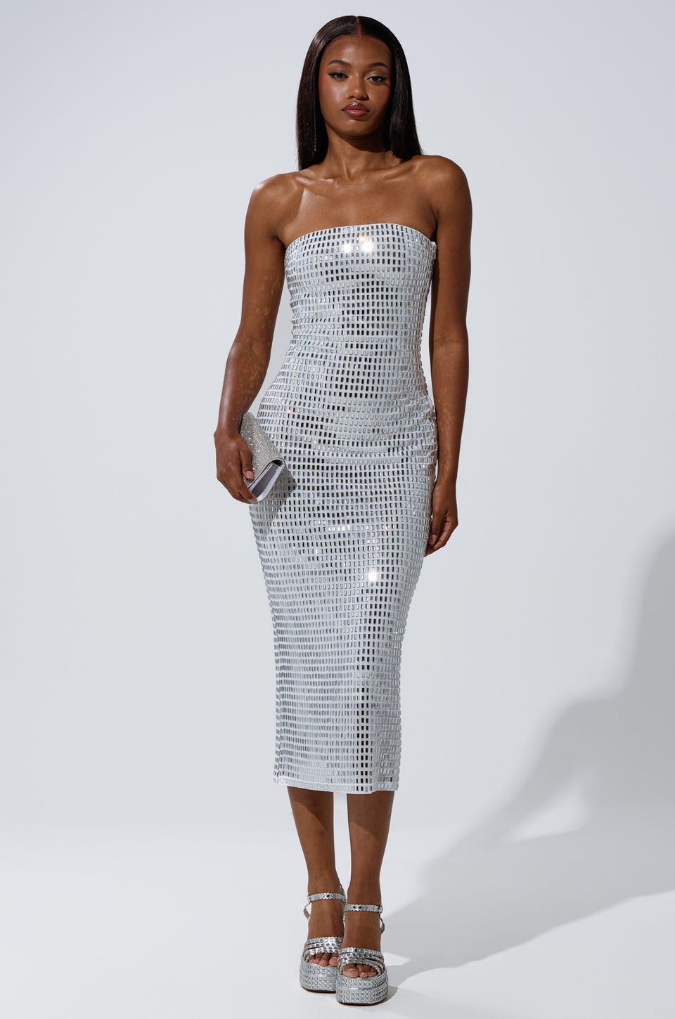 akira rhinestone midi dress LENNON PRINTED MESH RHINESTONE MIDI DRESS