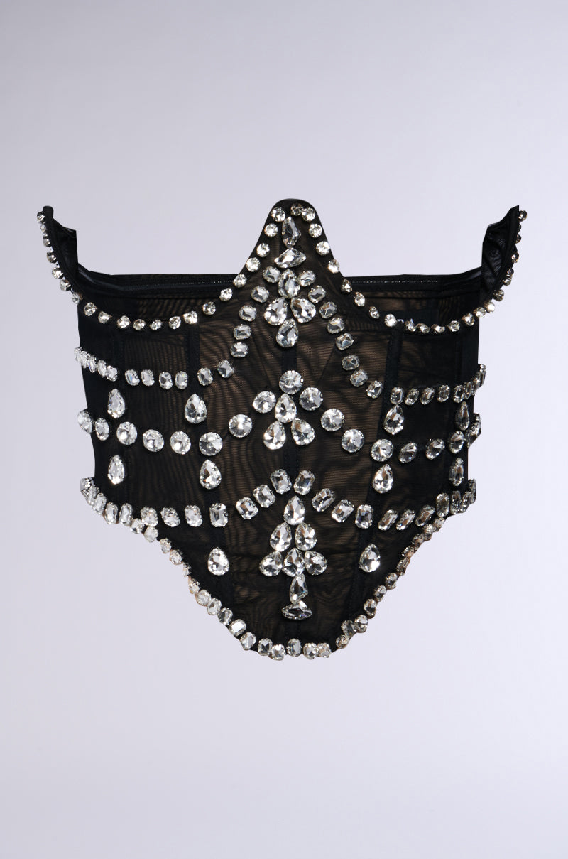 Introducing the JODIE RHINESTONE BELT, a chic accessory crafted from black fabric and embellished with large, sparkling rhinestones in intricate patterns that adorn the surface. It features beads lining the edges and sheer mesh details for added allure, creating a visually striking and opulent design.