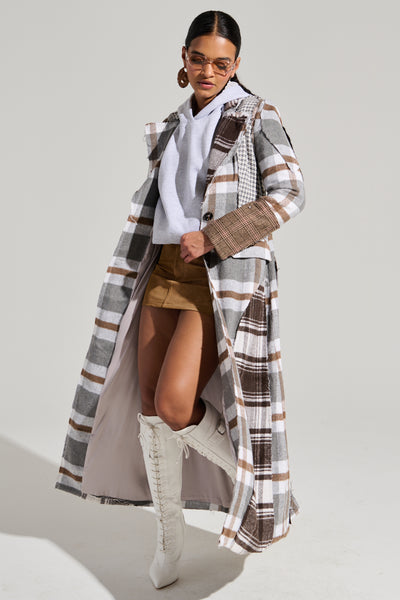 MIXED PLAID NOT FEELINGS PATCHWORK TRENCH – AKIRA