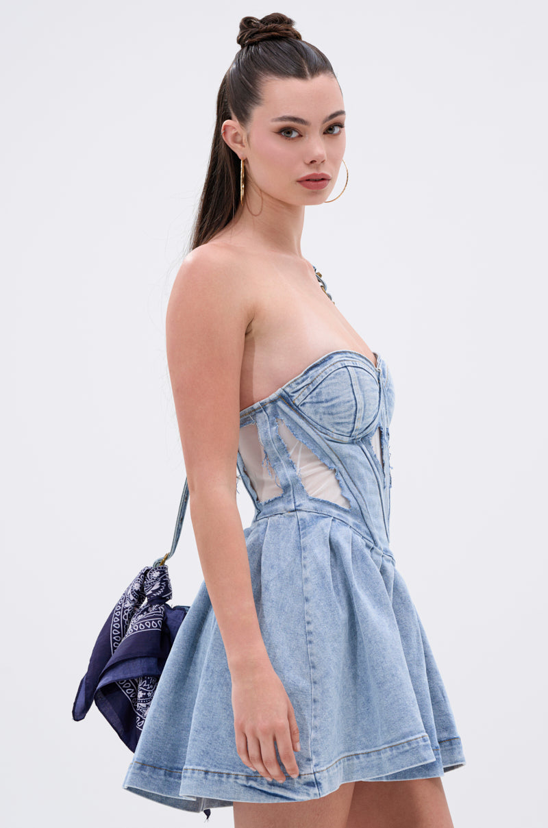 QUEEN OF IT ALL MINI DRESS IN DENIM AKIRA QUEEN OF IT ALL MINI DRESS IN DENIM AKIRA