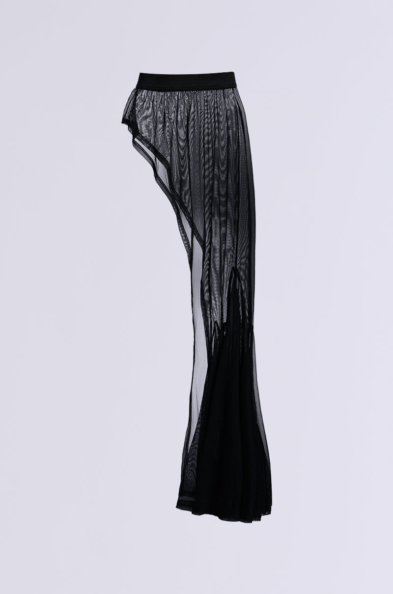 The CATCH ME ON A FLIGHT MESH BELT SKIRT is a black, high-rise asymmetrical sheer mesh maxi skirt featuring a solid, opaque section at the lower edge. Its design showcases a flowing, layered look against a plain background.