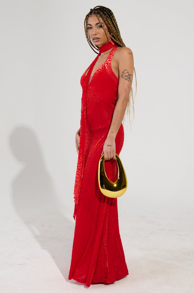 ON HOLIDAY LEOPARD PRINT VELVET MAXI DRESS WITH SCARF IN RED AKIRA ON HOLIDAY LEOPARD PRINT VELVET MAXI DRESS WITH SCARF IN RED AKIRA