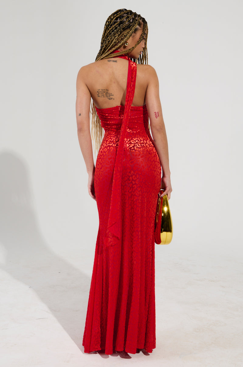 ON HOLIDAY LEOPARD PRINT VELVET MAXI DRESS WITH SCARF IN RED AKIRA ON HOLIDAY LEOPARD PRINT VELVET MAXI DRESS WITH SCARF IN RED AKIRA