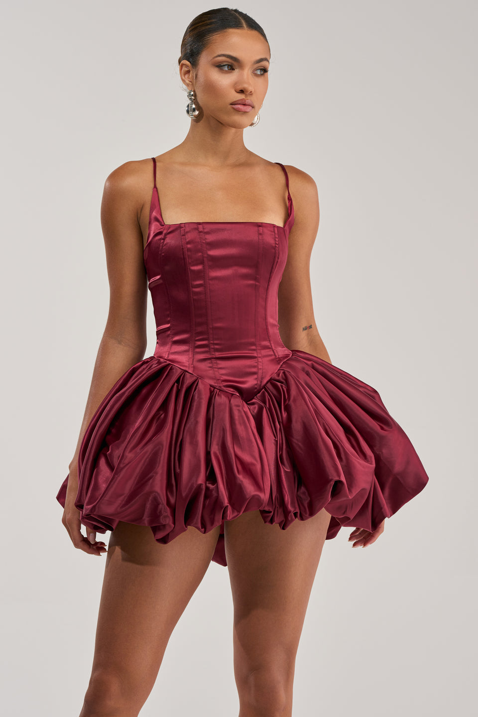 JULIET SATIN MINI DRESS IN BURGUNDY