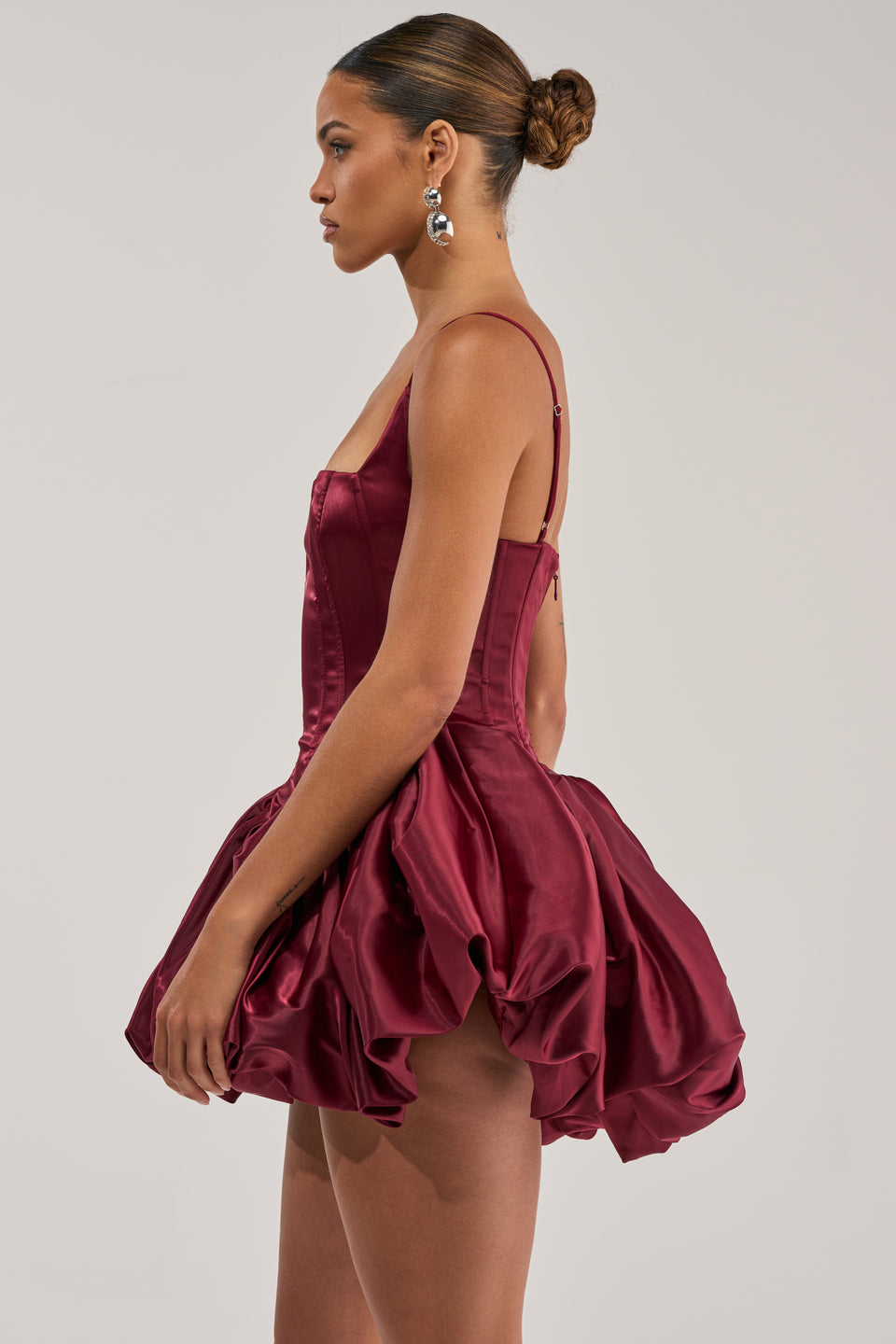 JULIET SATIN MINI DRESS IN BURGUNDY