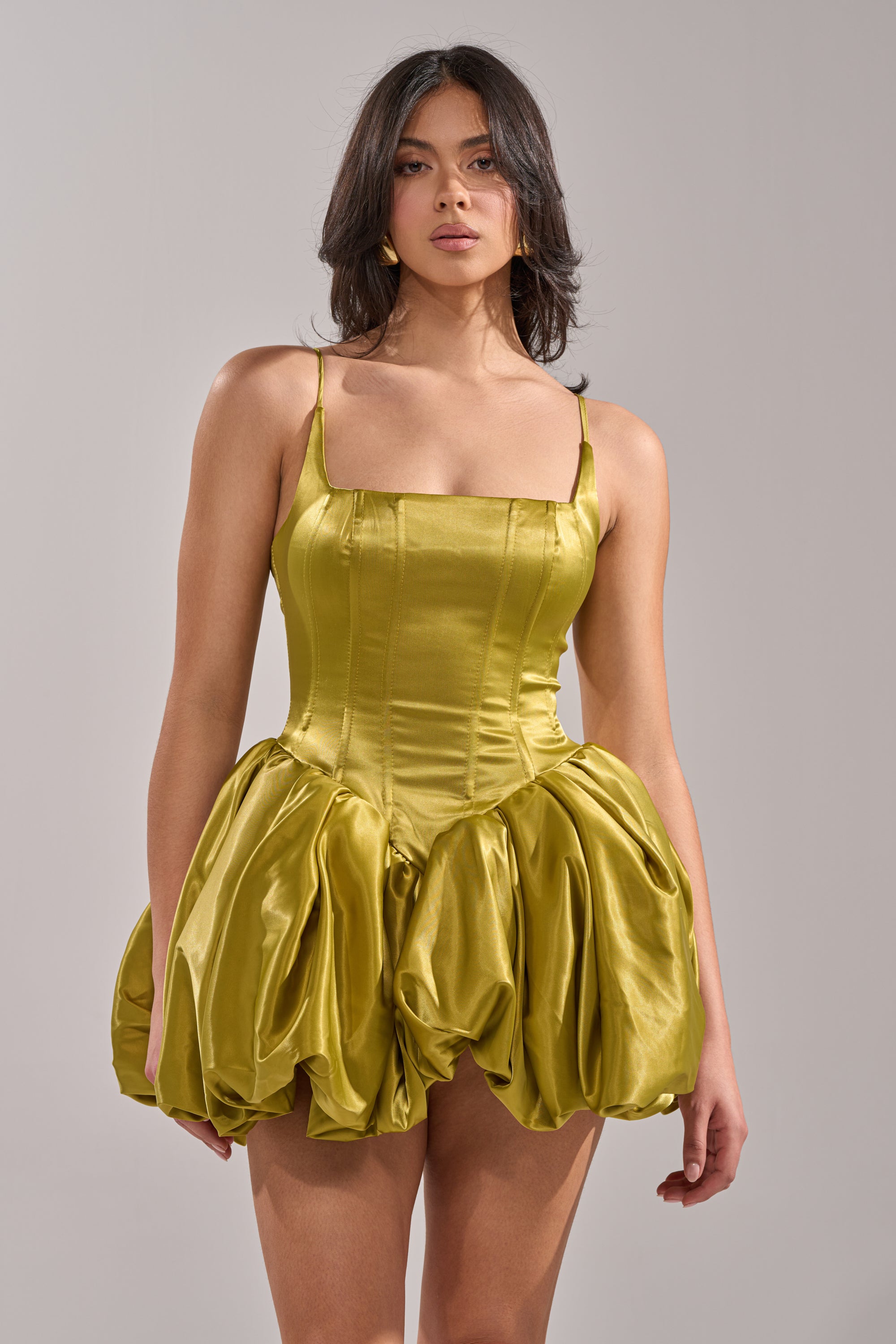 slim fit dress slacks Bindi Olive Green Satin Mini Dress