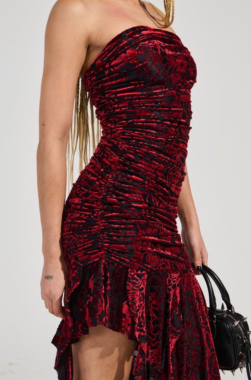 BELLA RUCHED RED VELVET BURNOUT MIDI DRESS – AKIRA